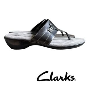 Clarks Black Leather Wedge Thong Sandals Women’s Size 10 Cushion Foot
